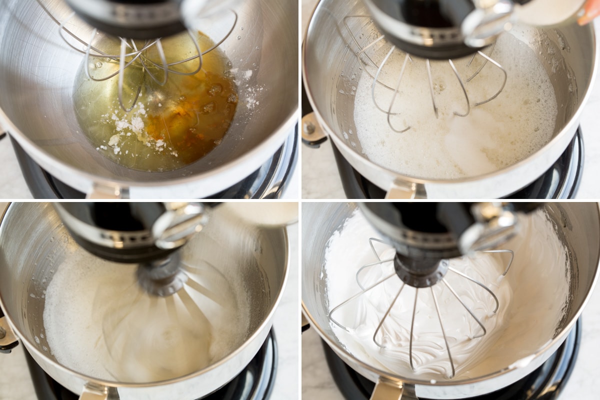 Photo showing steps of how to make meringue cookie mixture with egg whites, cream of tartar, vanilla, sugar and salt, mixing it in an electric mixer with a whisk attachment.