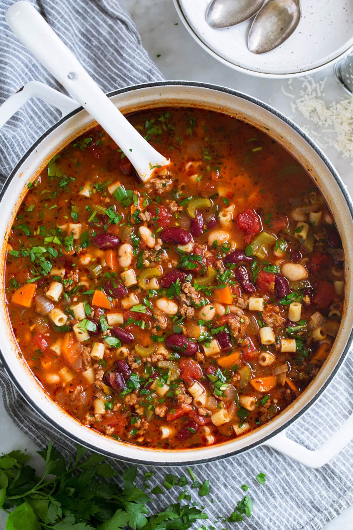 Overhead image of pasta fagioli soup in a pot.