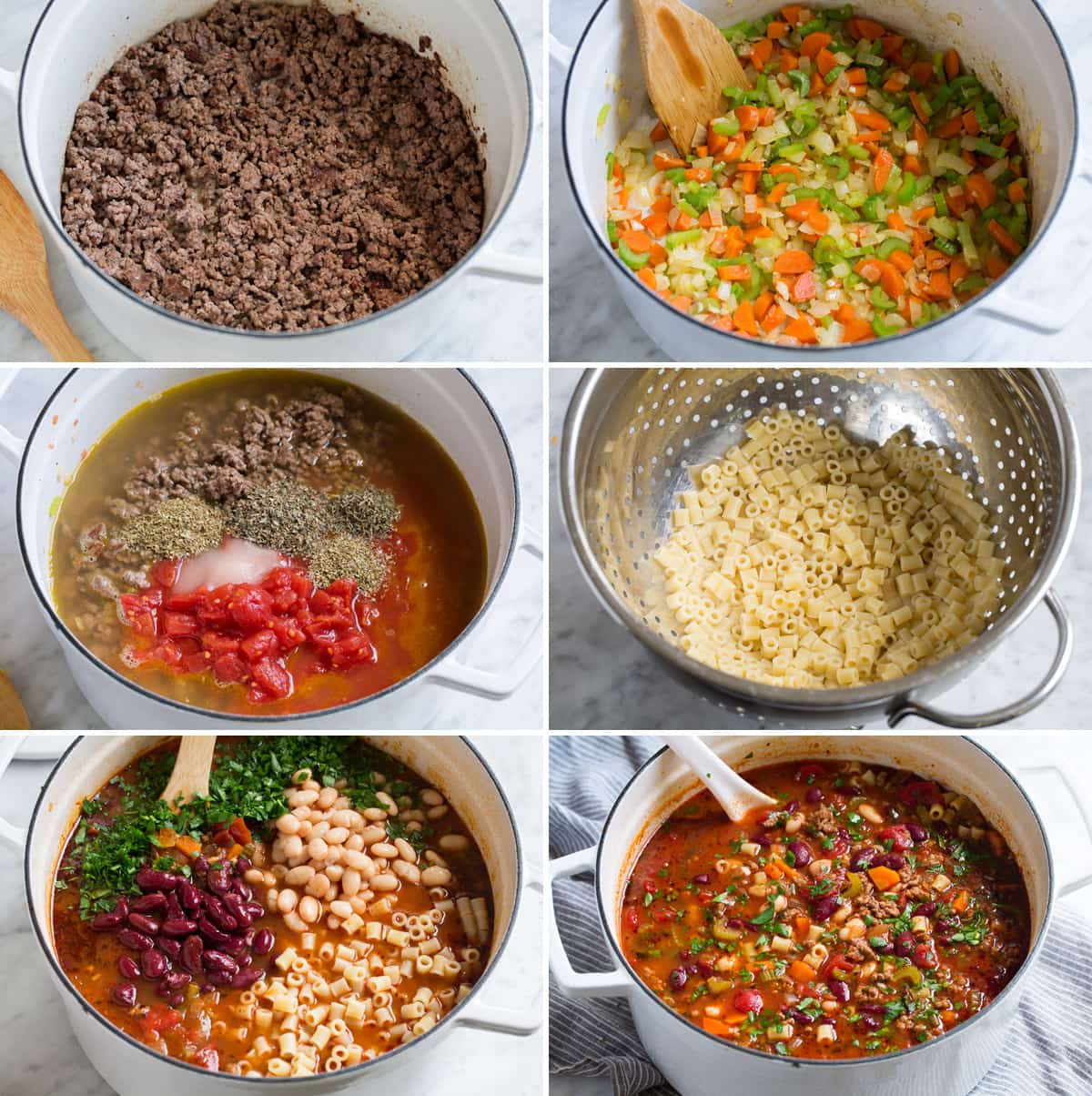 Image showing steps of how to cook pasta fagioli in a pot.