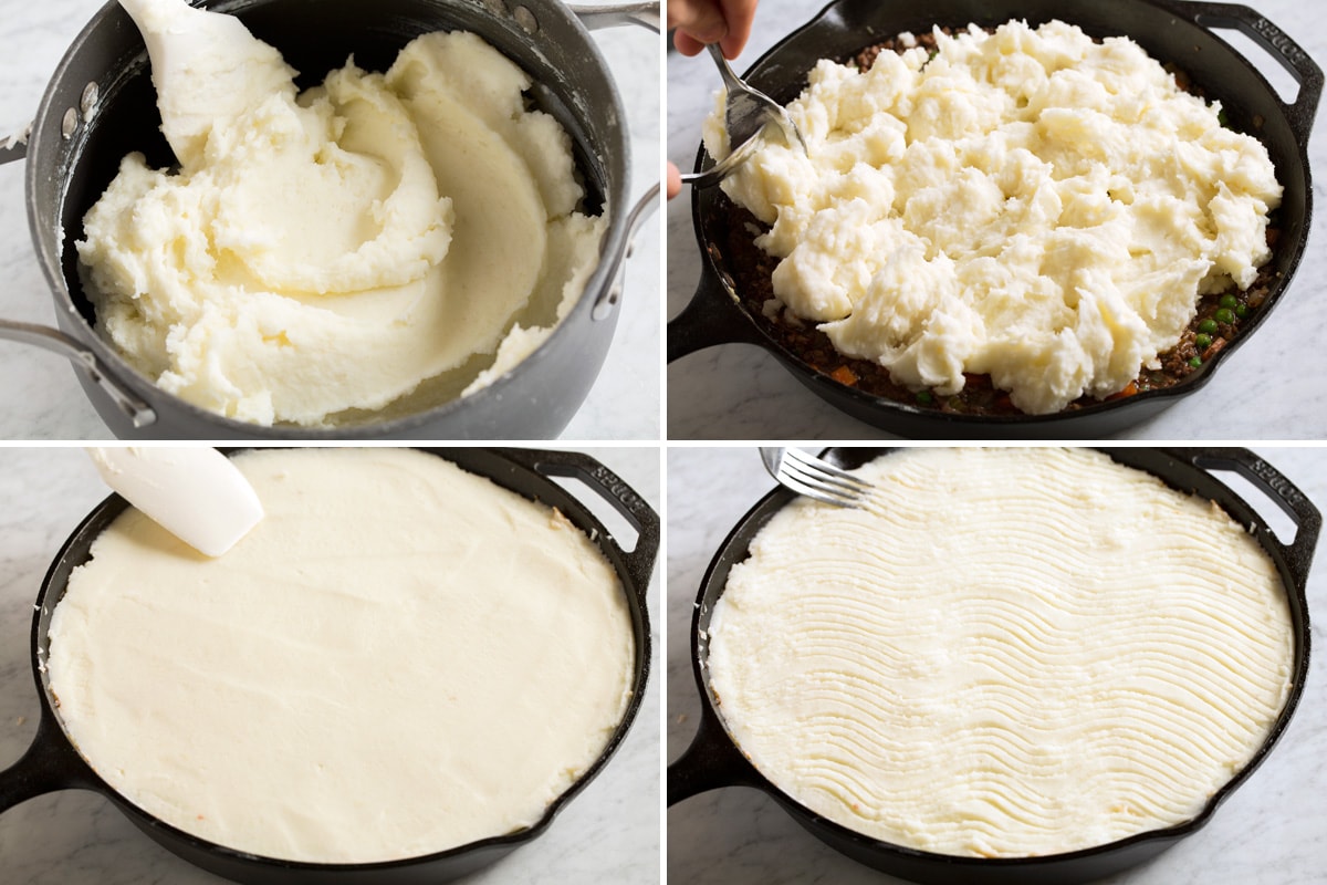 Showing how to spread mashed potatoes over and decorate shepherd's pie topping with a fork.