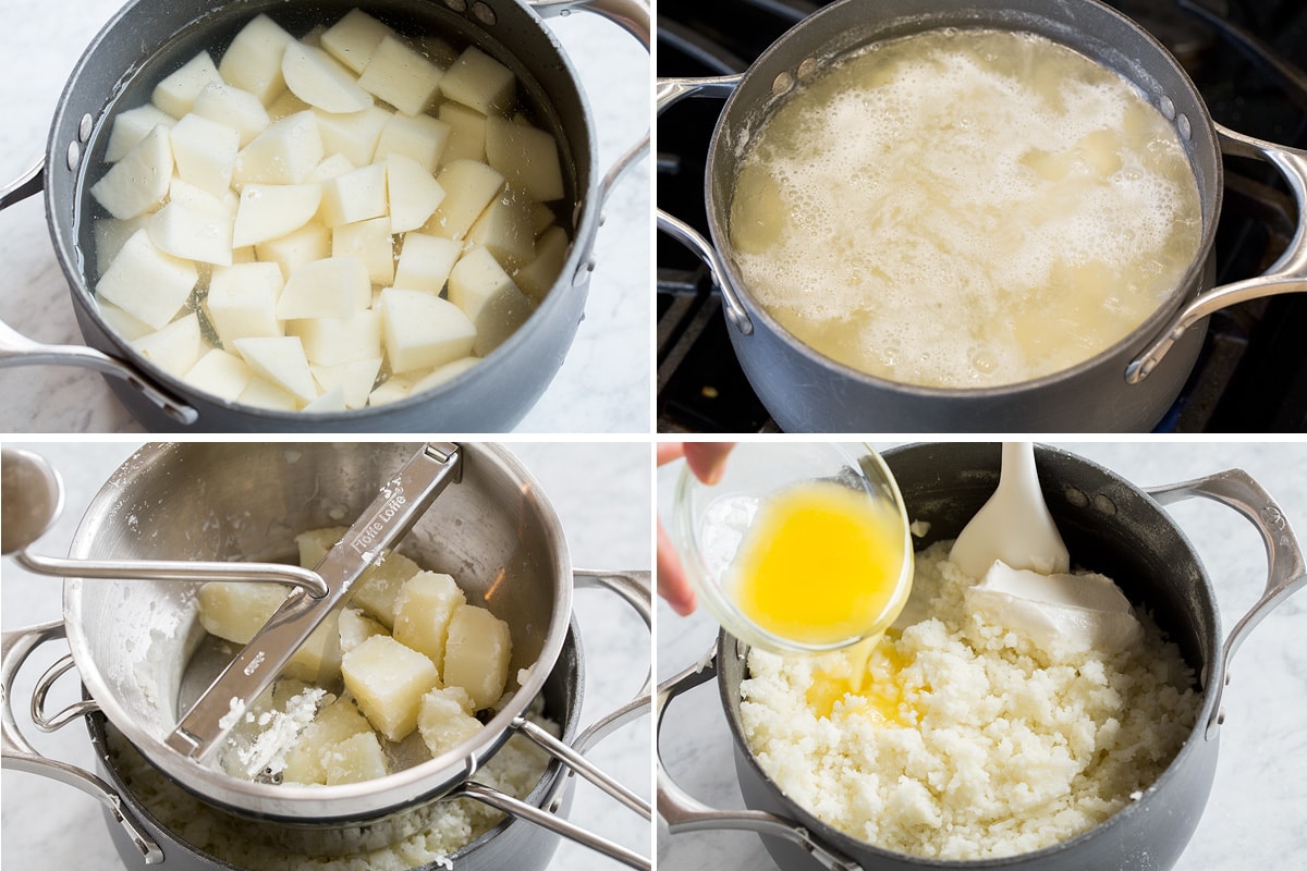 Image of steps showing how to boil and prepare mashed potatoes.