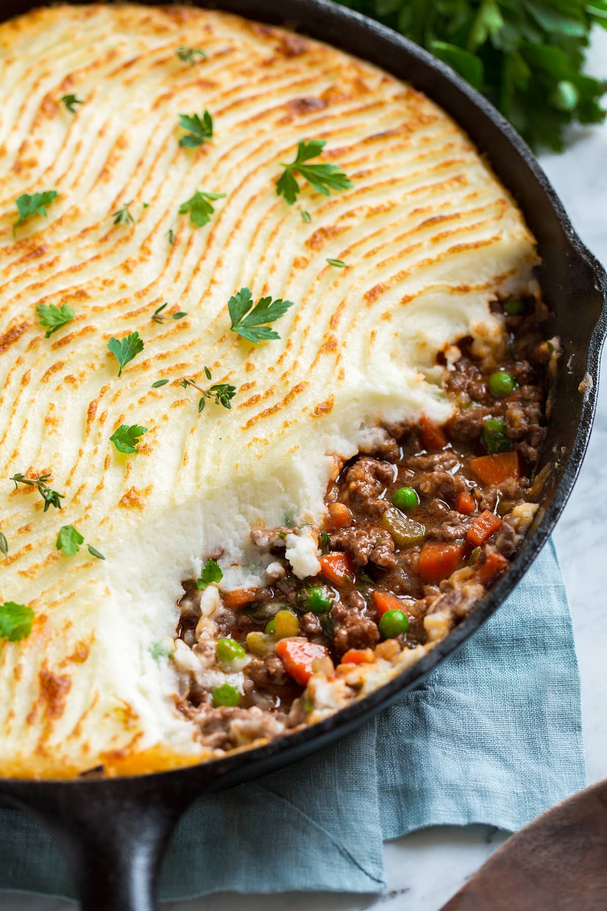 Close up image of Shepard's Pie in a cast iron skillet.