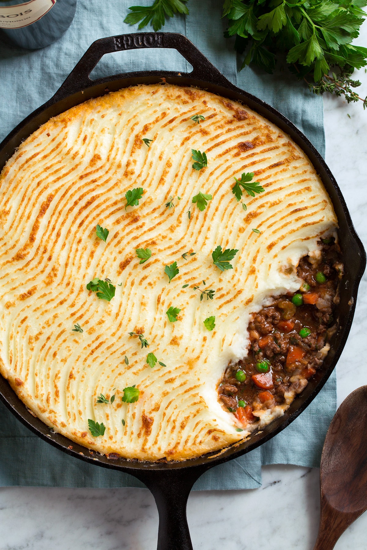 Overhead image of shepherd's pie in a cast iron skillet.