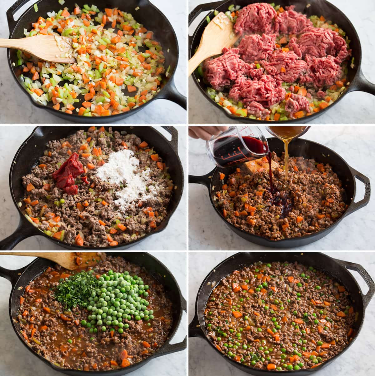 Image showing steps of making ground beef filling for shepherd's pie.