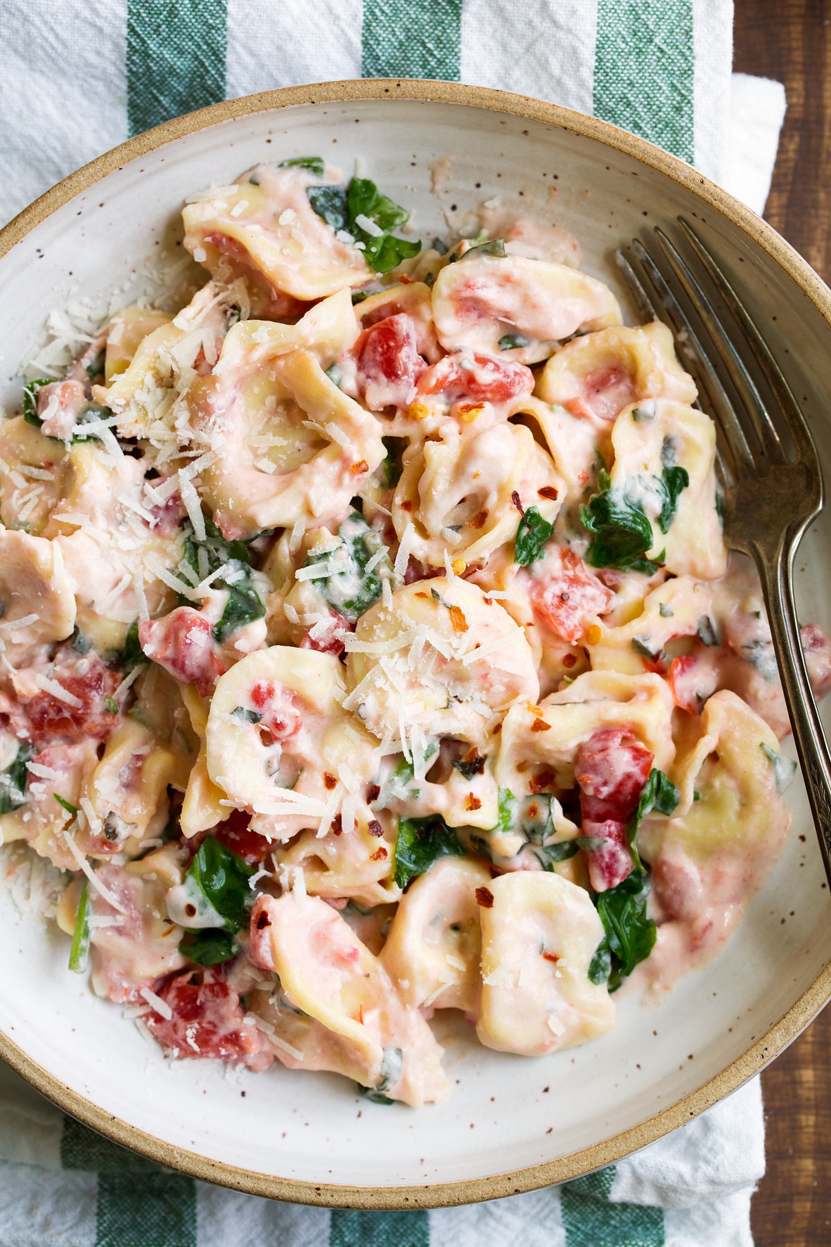 Close up image of cheese tortellini covered in a tomato and spinach sauce. 