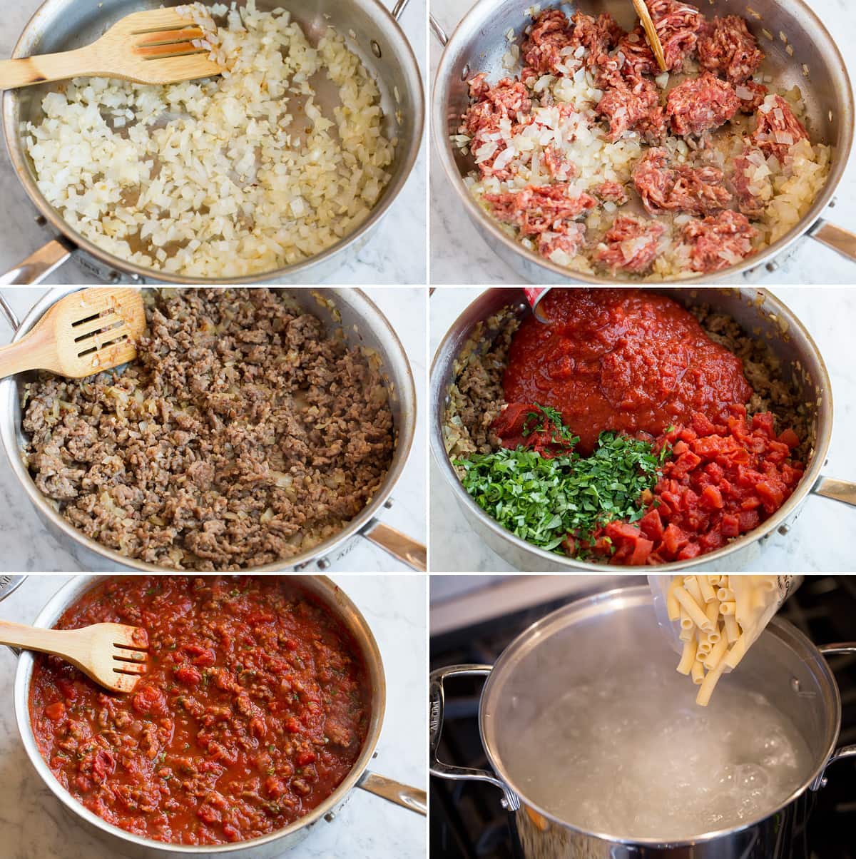 Image of steps showing how to make sauce for baked ziti.
