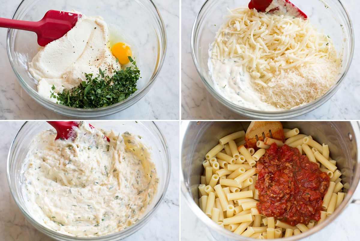 Steps showing how to make cheese filling for baked ziti and tossing pasta with sauce in pan.