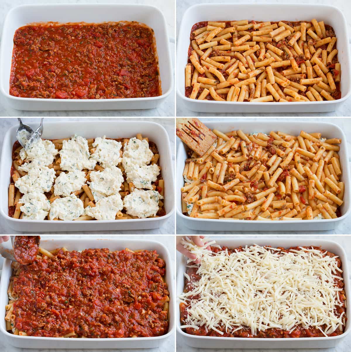 Image showing steps how to assemble baked ziti.