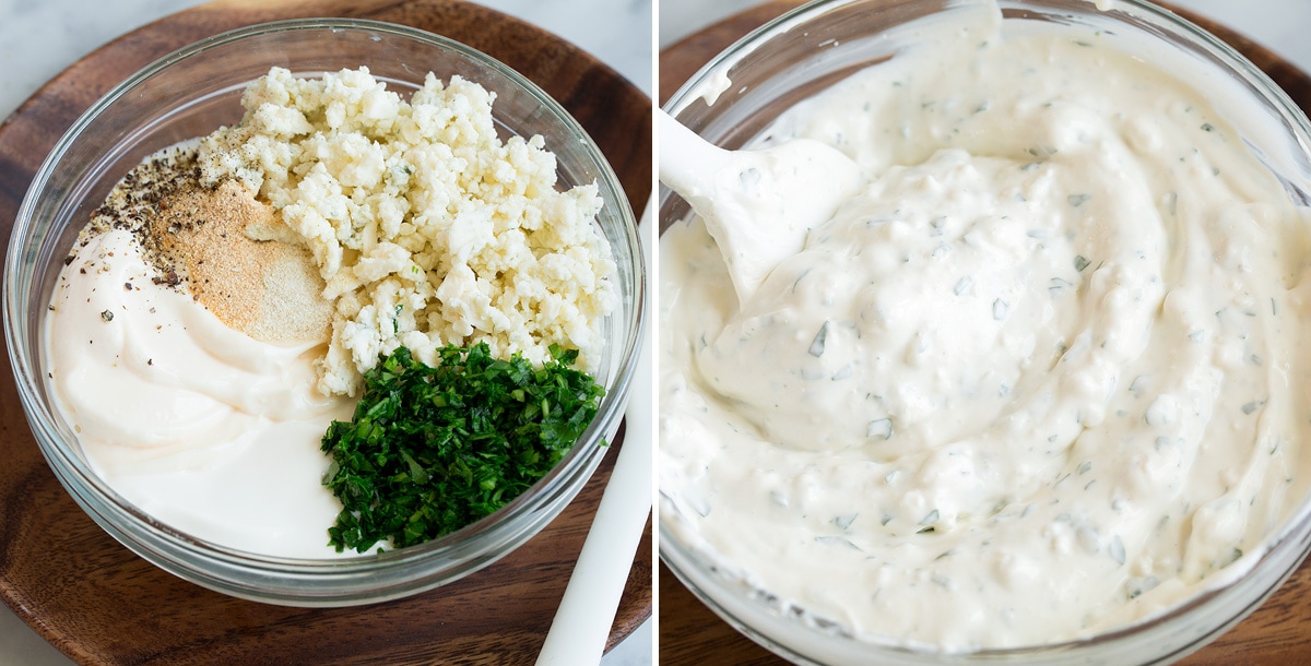 Blue Cheese Dip Blue cheese dip shown before and after mixing ingredients in glass mixing bowl.