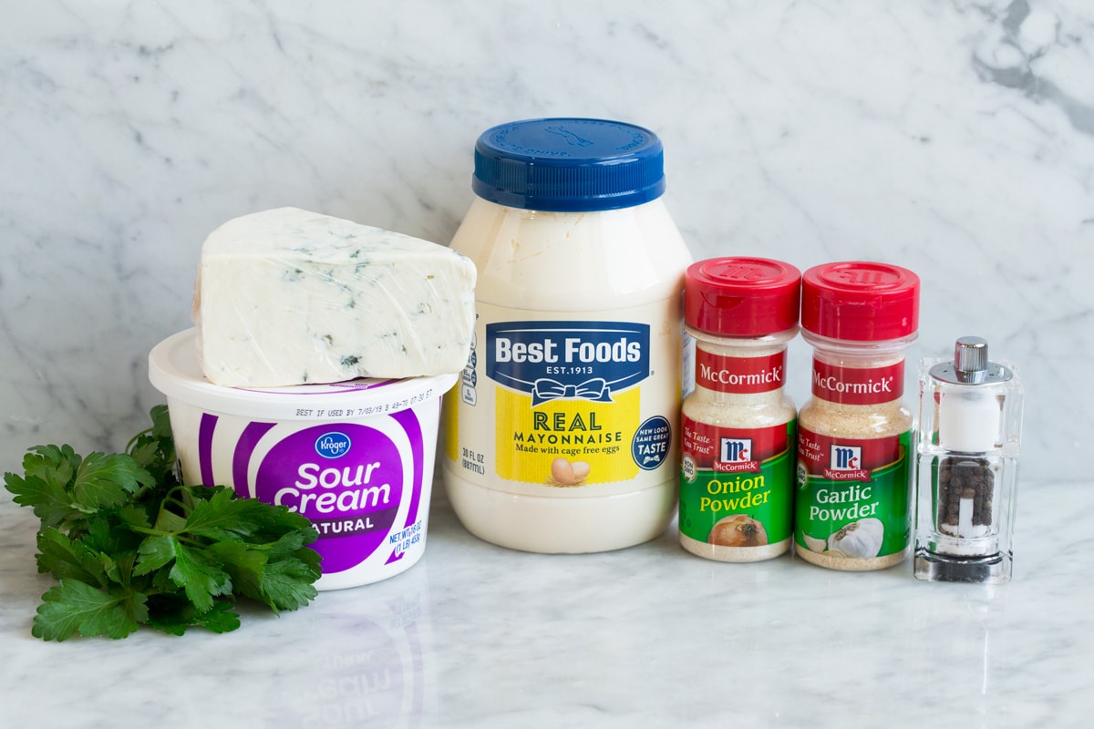 Blue Cheese Dip Ingredients shown here that go into blue cheese dip for buffalo wings.