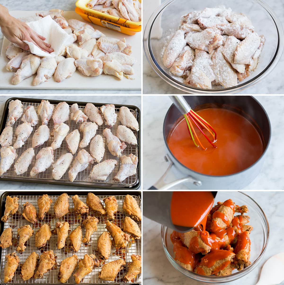 Baked Buffalo Wings Image showing all the steps to making buffalo wings and sauce.