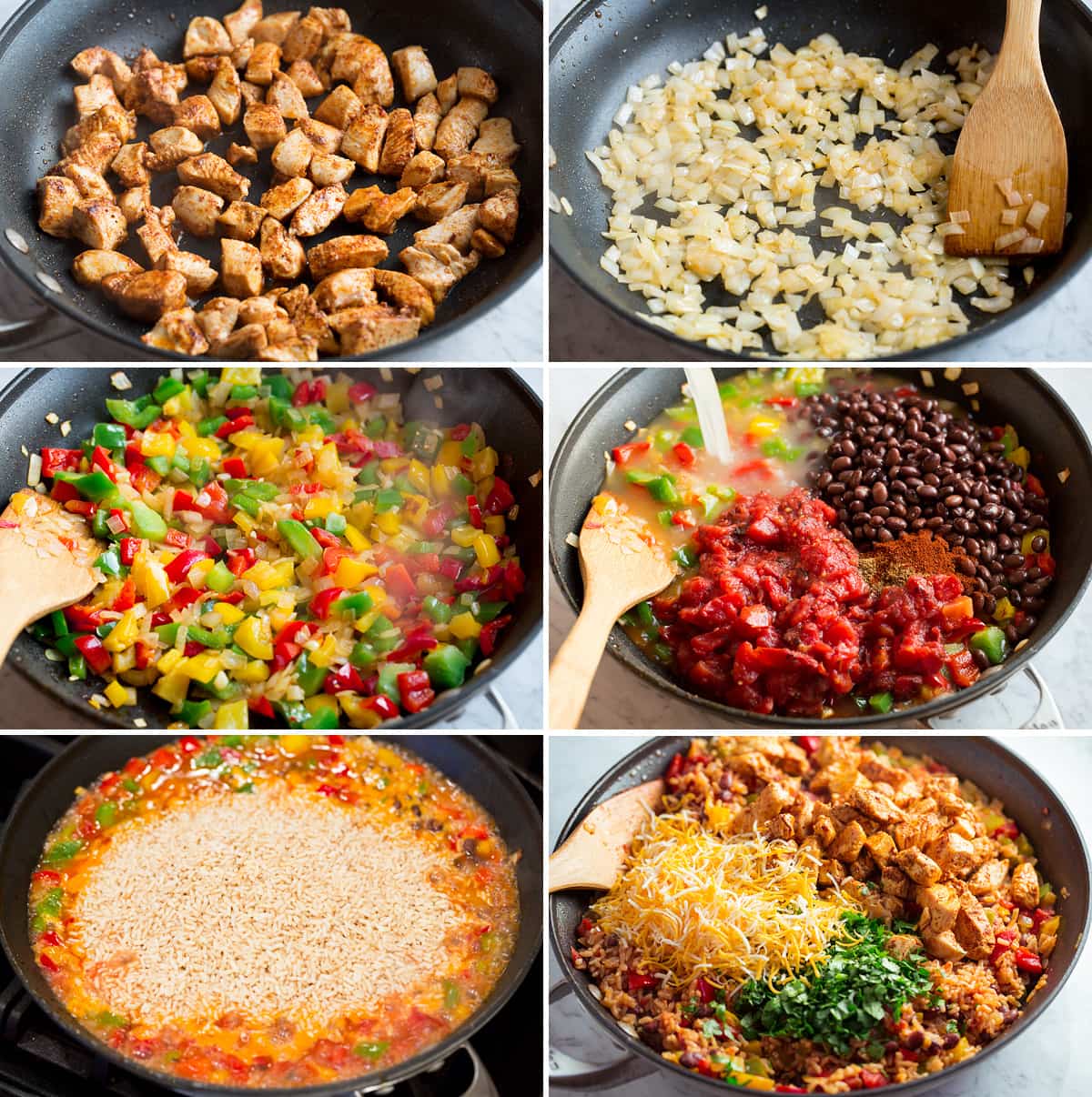 Image showing six steps of preparing a one pan rice bowl.
