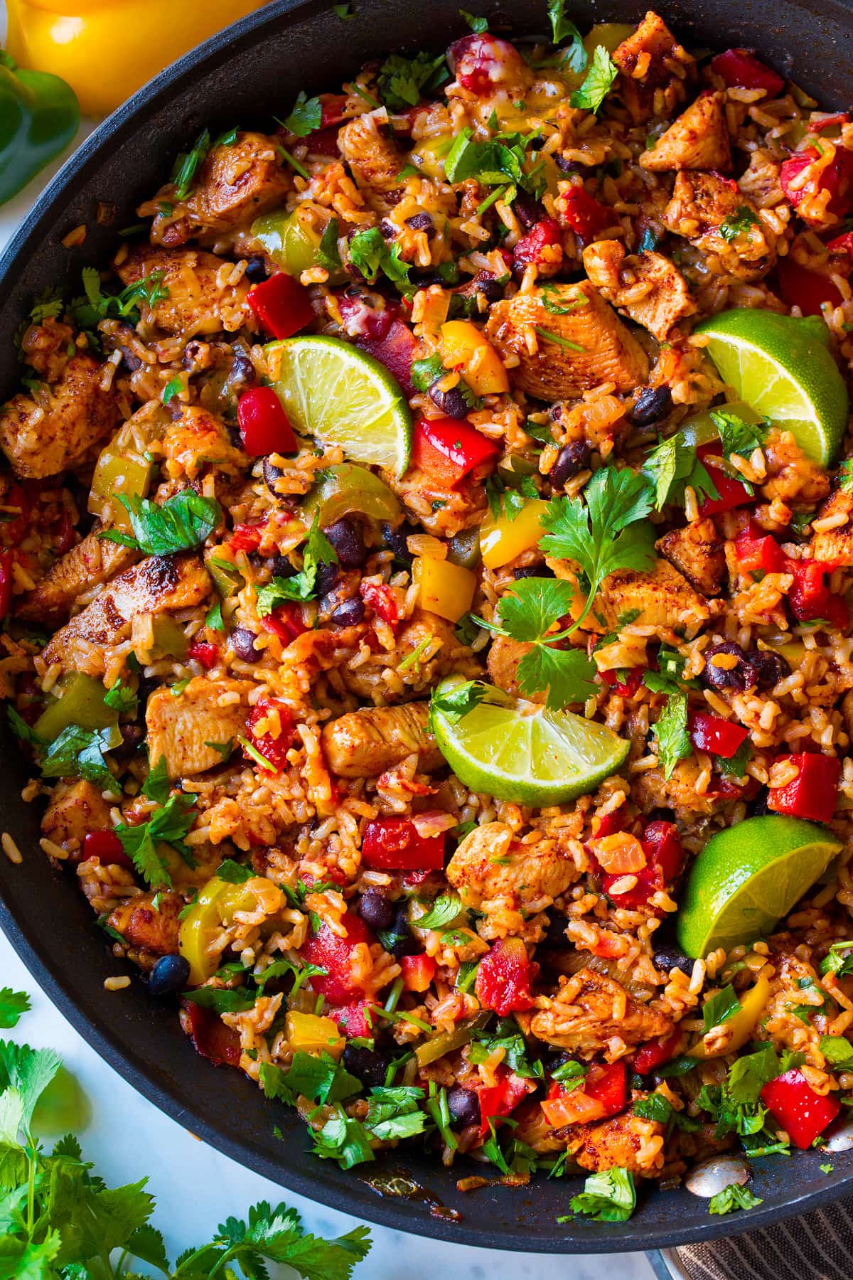 Close up image of chicken rice bowl in a pan.