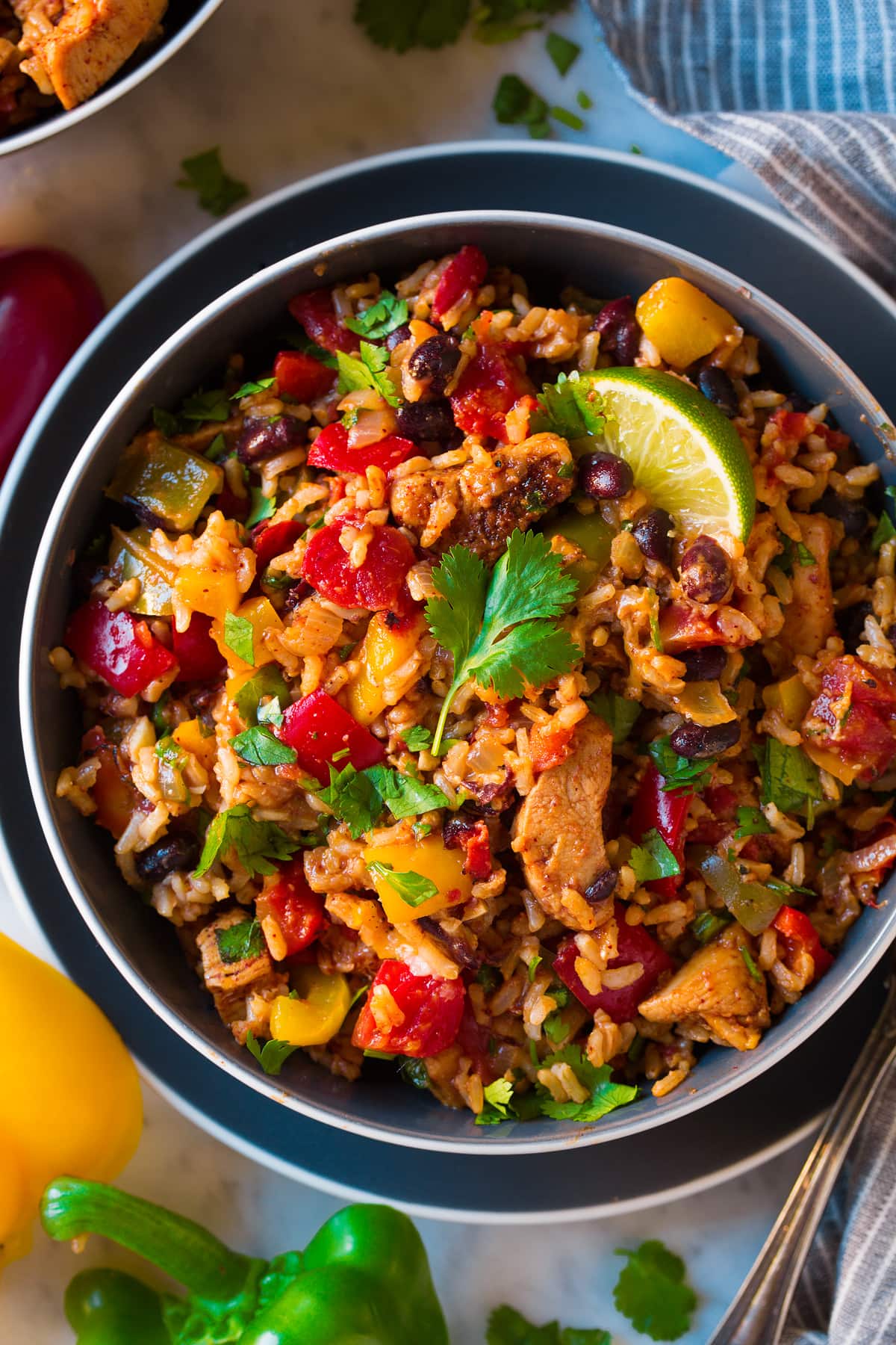Overhead image of easy chicken black bean bell pepper rice bowl.