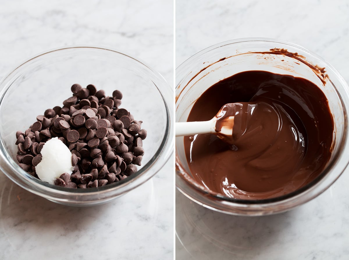 Chocolate Covered Strawberries Image on the left showing chocolate chips and coconut oil in a glass mixing bowl before melting, image on the right showing after melting.