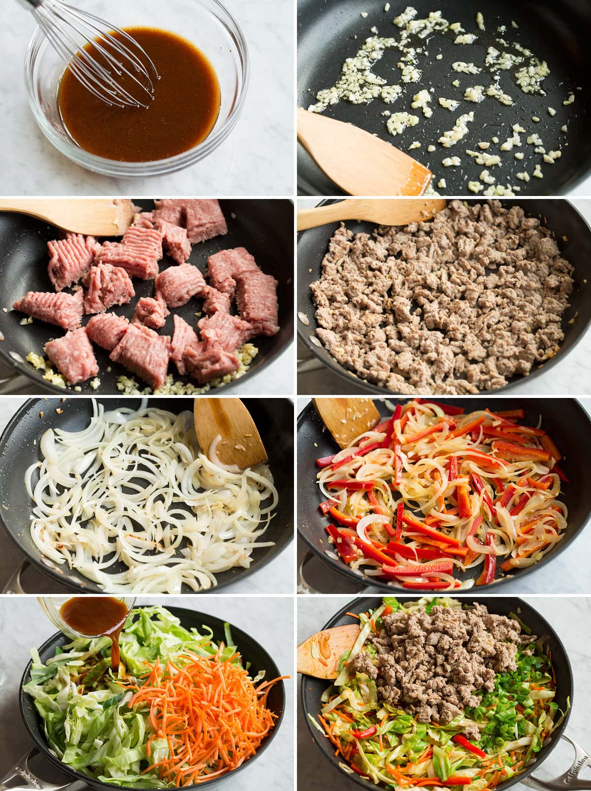 8 steps showing how to make egg roll in a bowl sauce and mixture in a skillet.