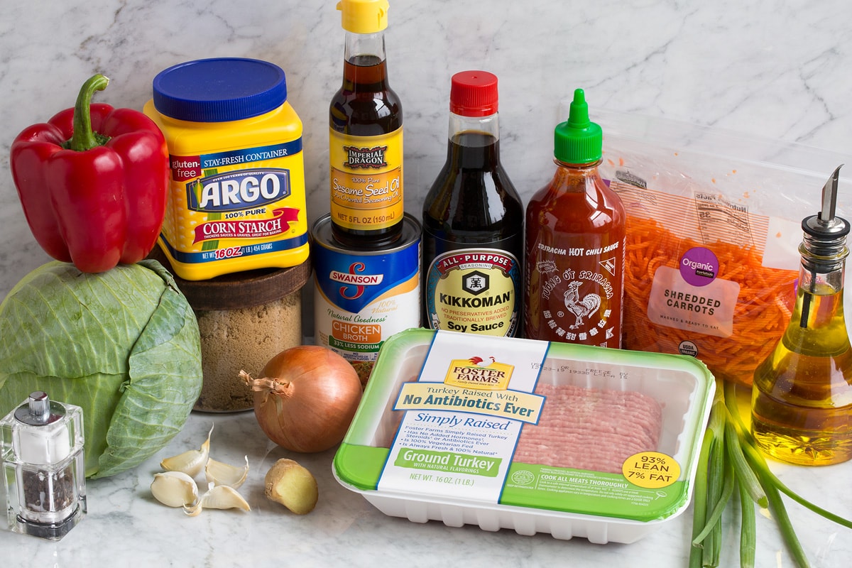 Image of ingredients that go into Egg Roll in a Bowl recipe.