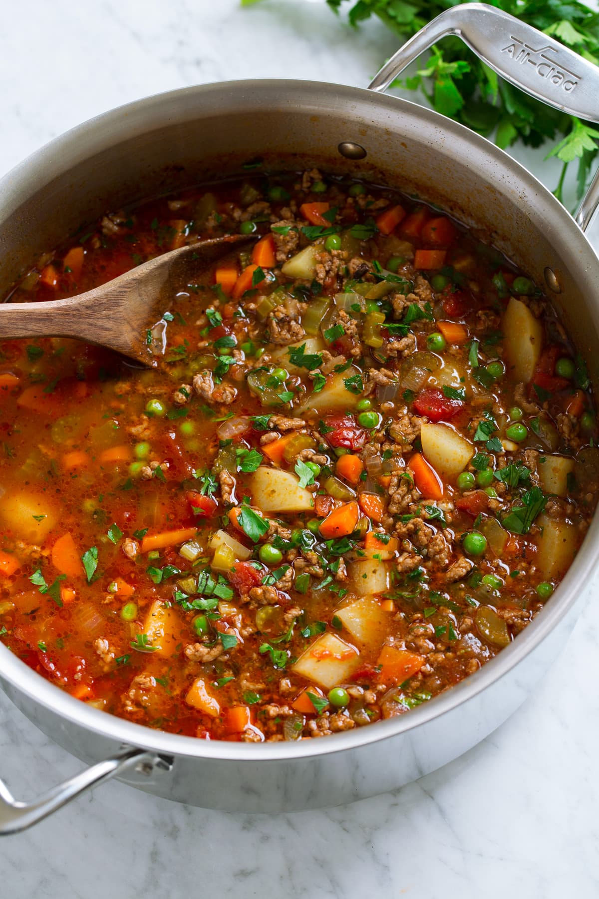 Stainless steel pot full of ground beef hamburger soup with potatoes, carrots, peas, celery, tomatoes, herbs and broth.
