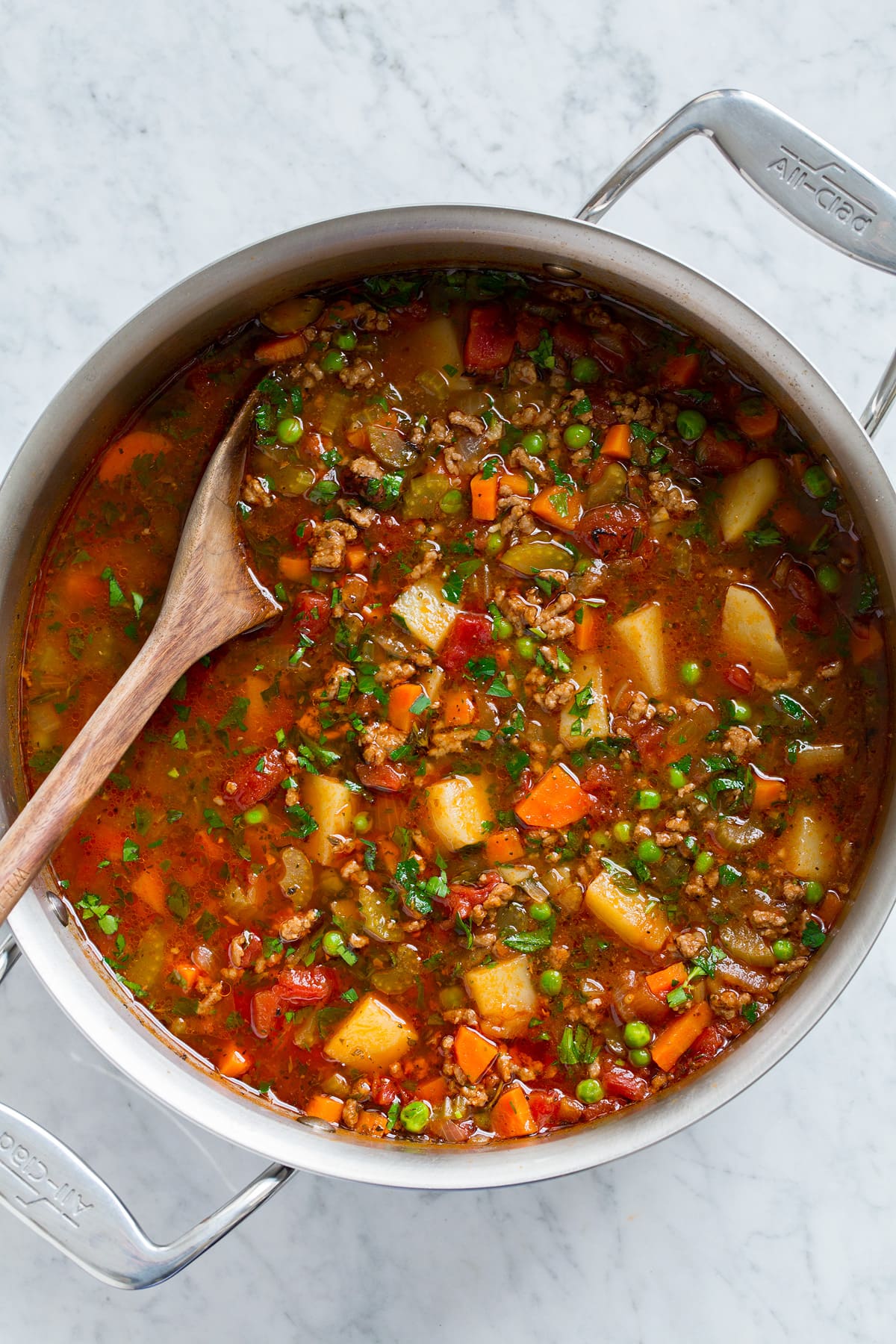 Overhead image of easy hamburger soup in a large pot.