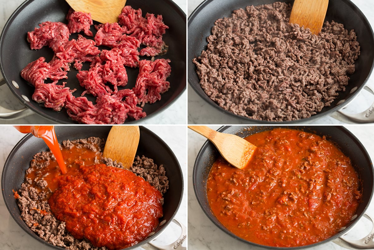Steps showing how to make the beefy lasagna sauce in a skillet.