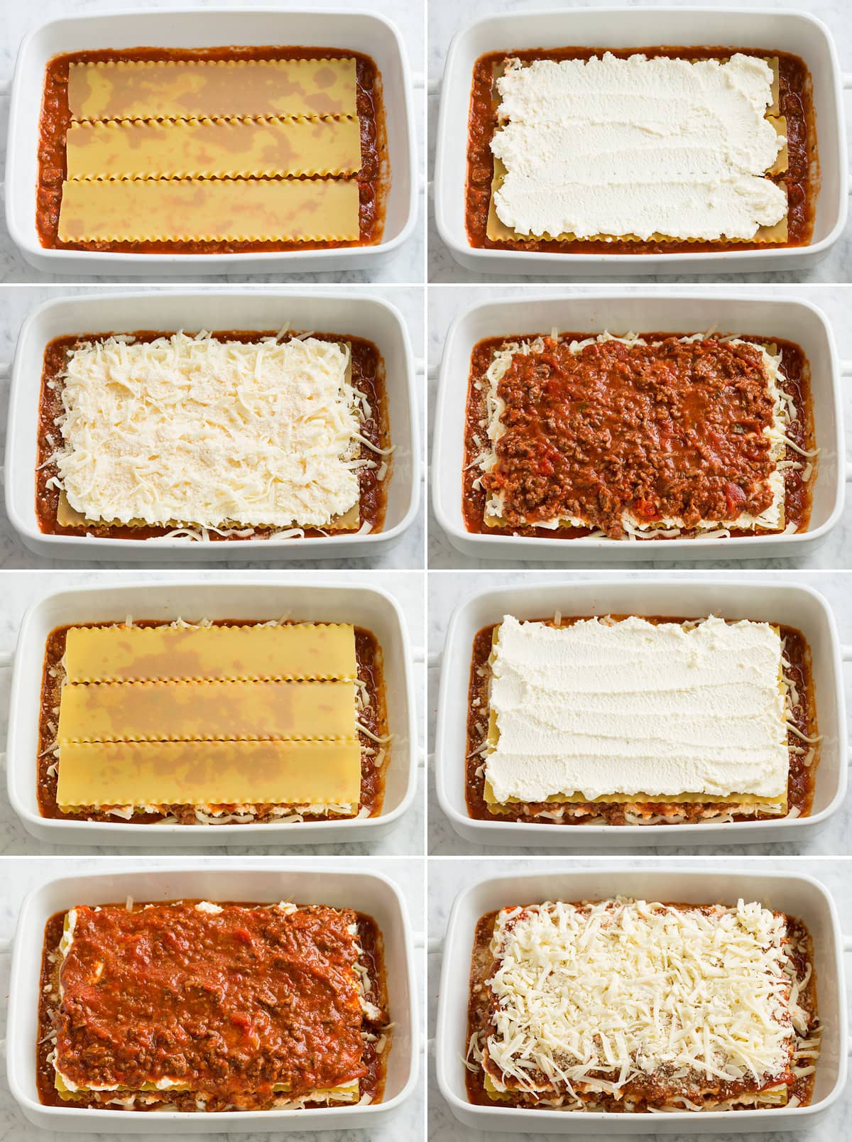 Image showing eight steps of layering easy lasagna. Includes layering lasagna noodles, cheeses, sauce and repeating.