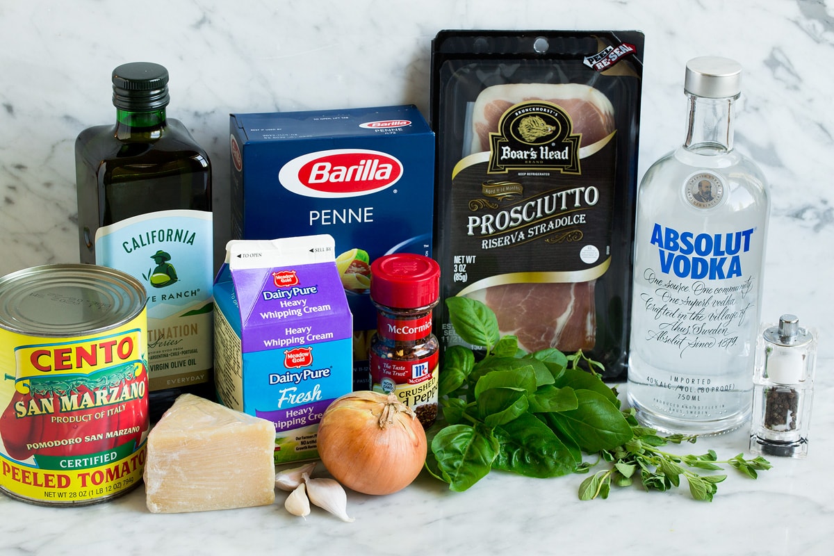 Ingredients shown that go into penne with vodka sauce.