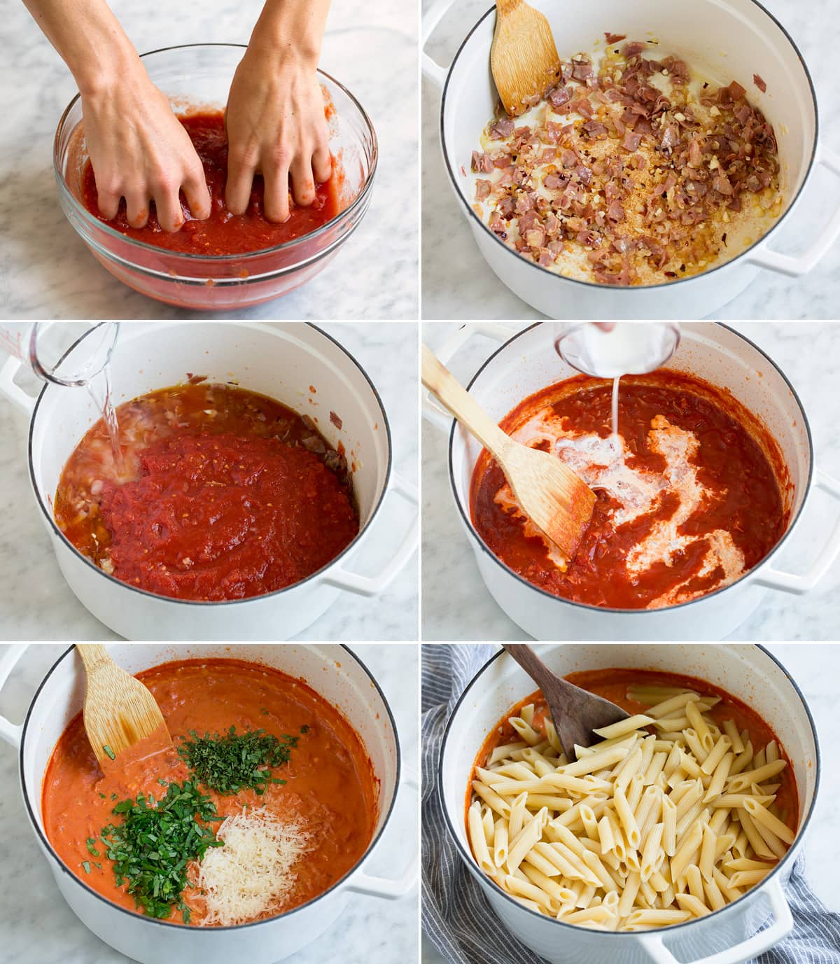 Steps showing how to make vodka sauce and tossing with penne pasta at the end.