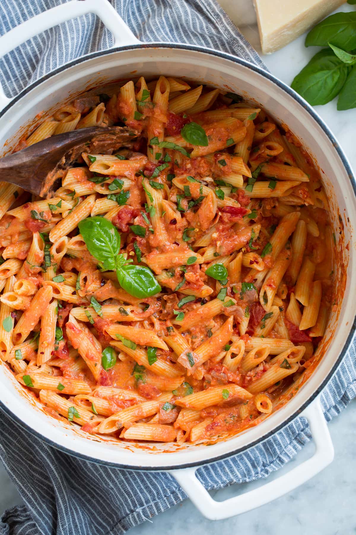 Overhead image of penne alla vodka in a large pot.