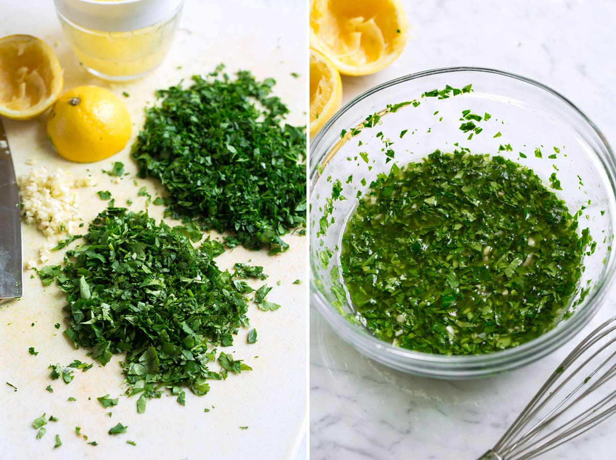 Chopping herbs and mixing quinoa salad dressing.