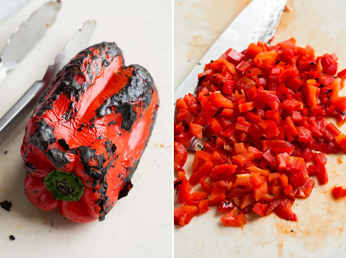 Roasted bell pepper shown whole and peeled and diced