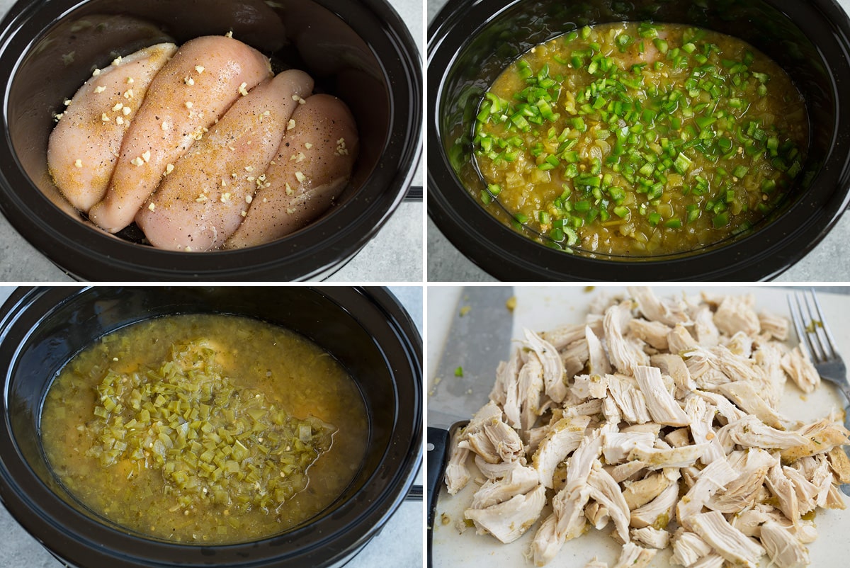 Salsa Verde Chicken {Perfect for Tacos} Image of steps showing how to make salsa verde chicken in a slow cooker.