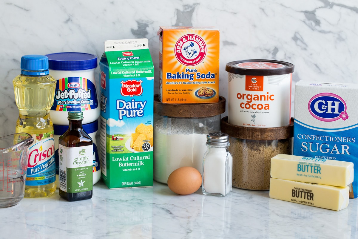 Ingredients that go into whoopie pies shown in this image.