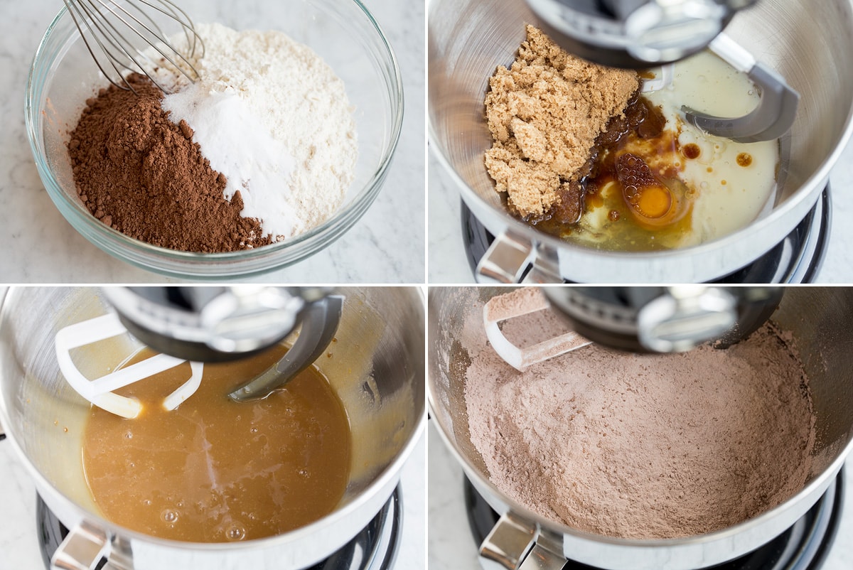 Image of steps 1 - 4 of mixing whoopie pie batter in mixing bowl.