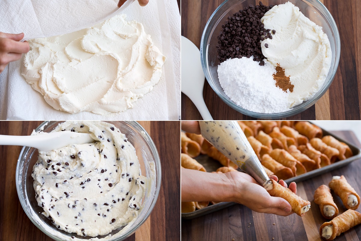 Steps to making cannoli filling in a mixing bowl and piping into cannoli shells.