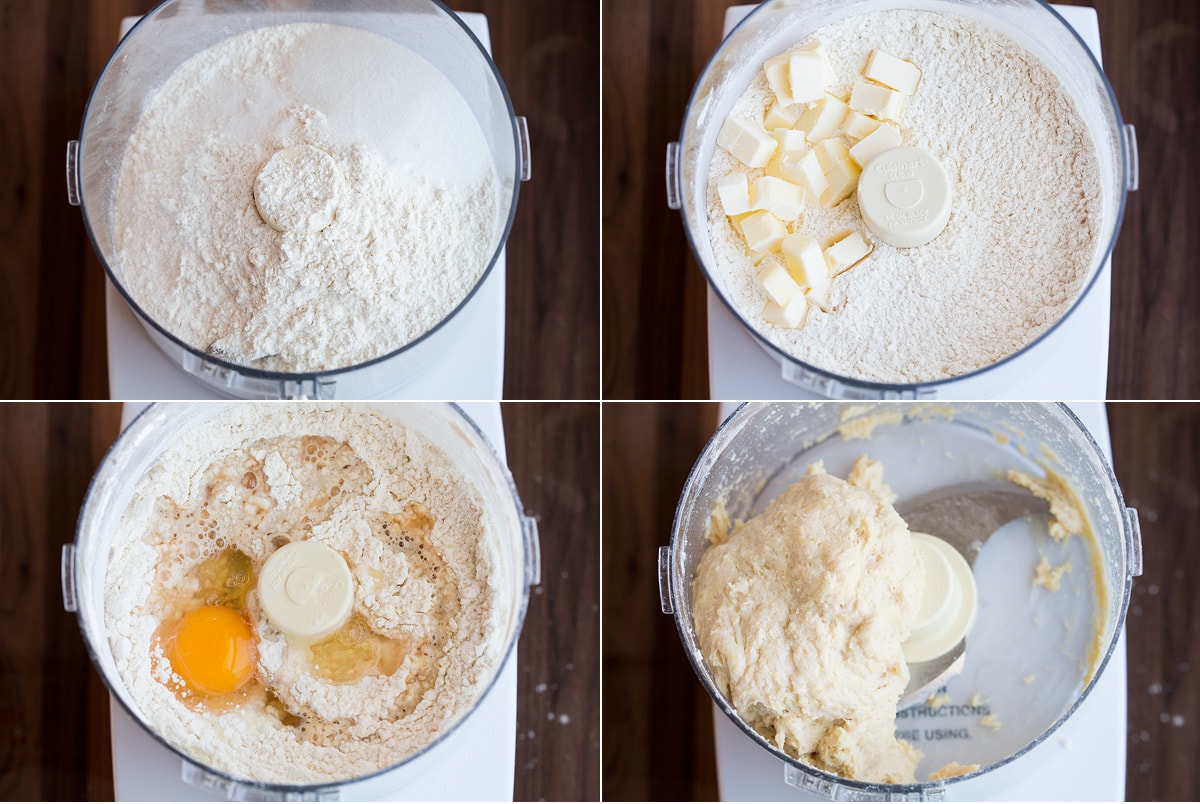 Steps of making cannoli shell dough in a food processor.