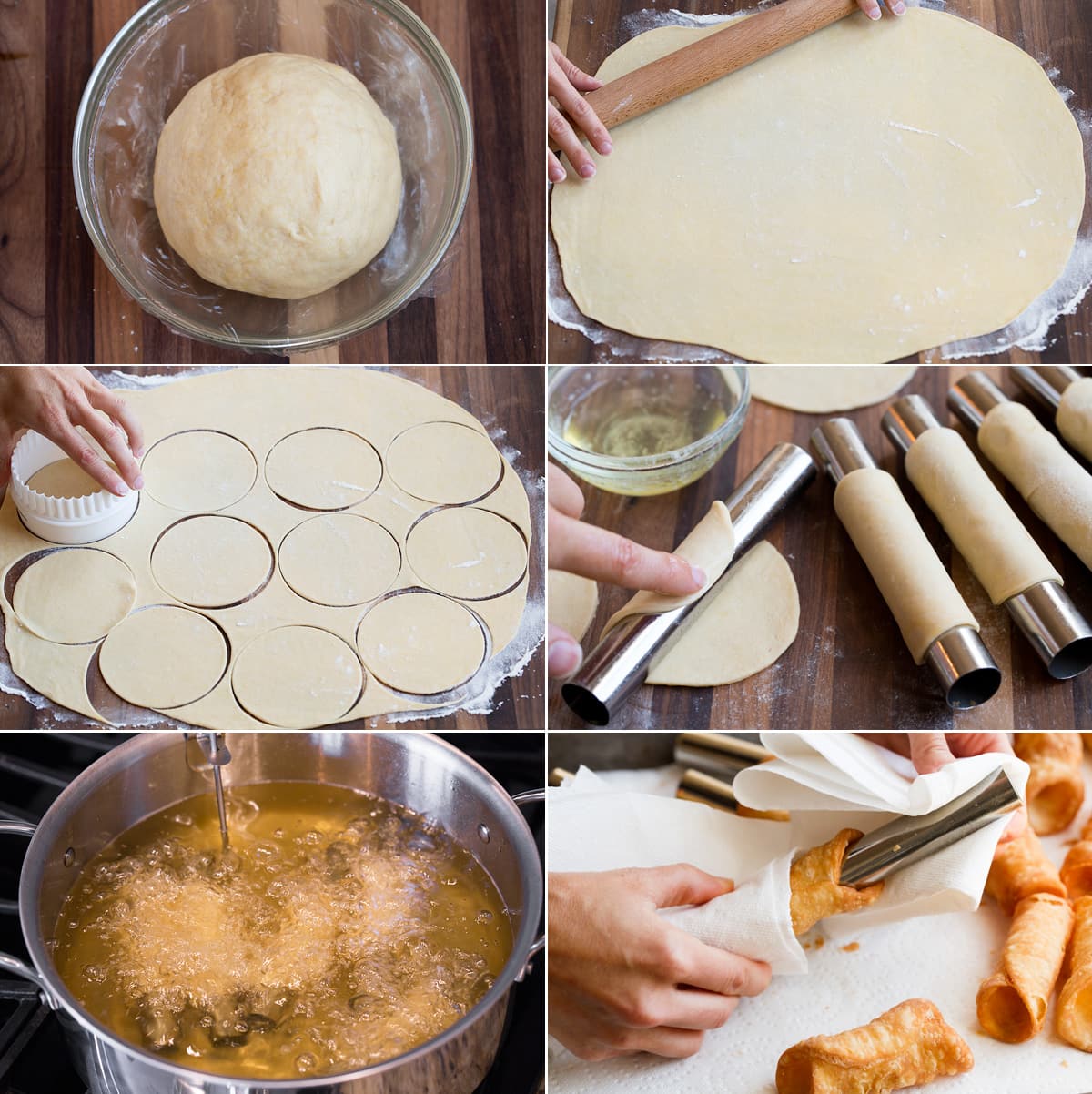 Steps to rolling cannoli shell dough, cutting into rounds, wrapping around forms, frying and removing from forms.
