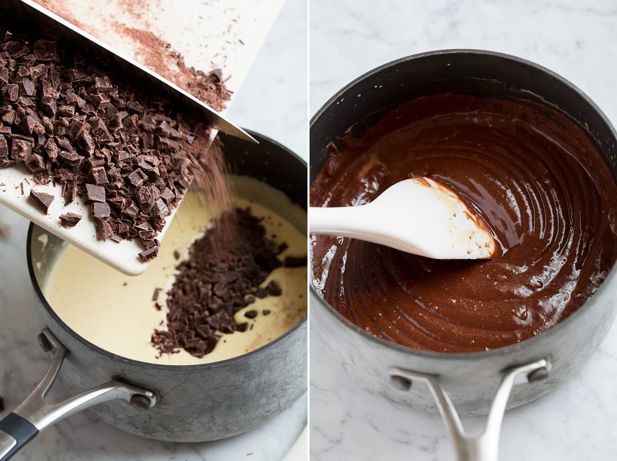 Melting chocolate into custard mousse mixture.
