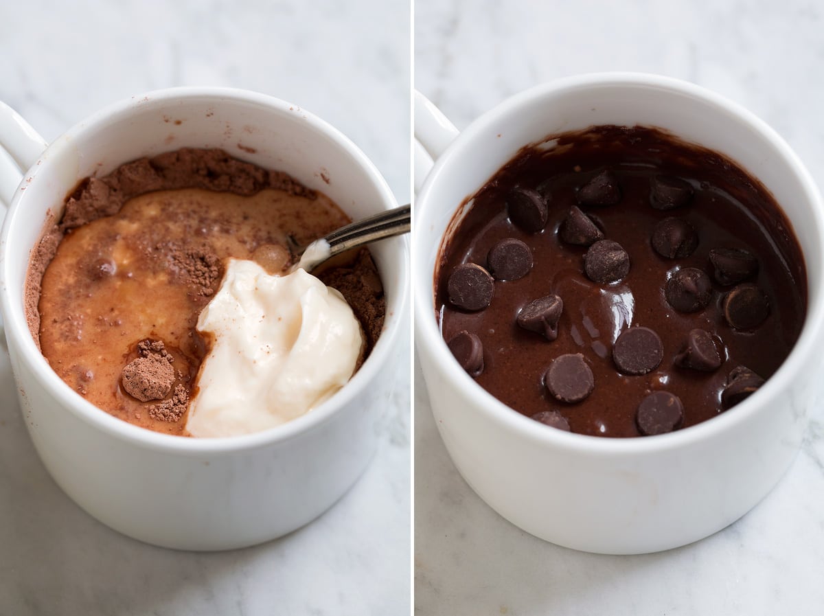Showing second step of making mug cake, stirring wet ingredients into mug cake.
