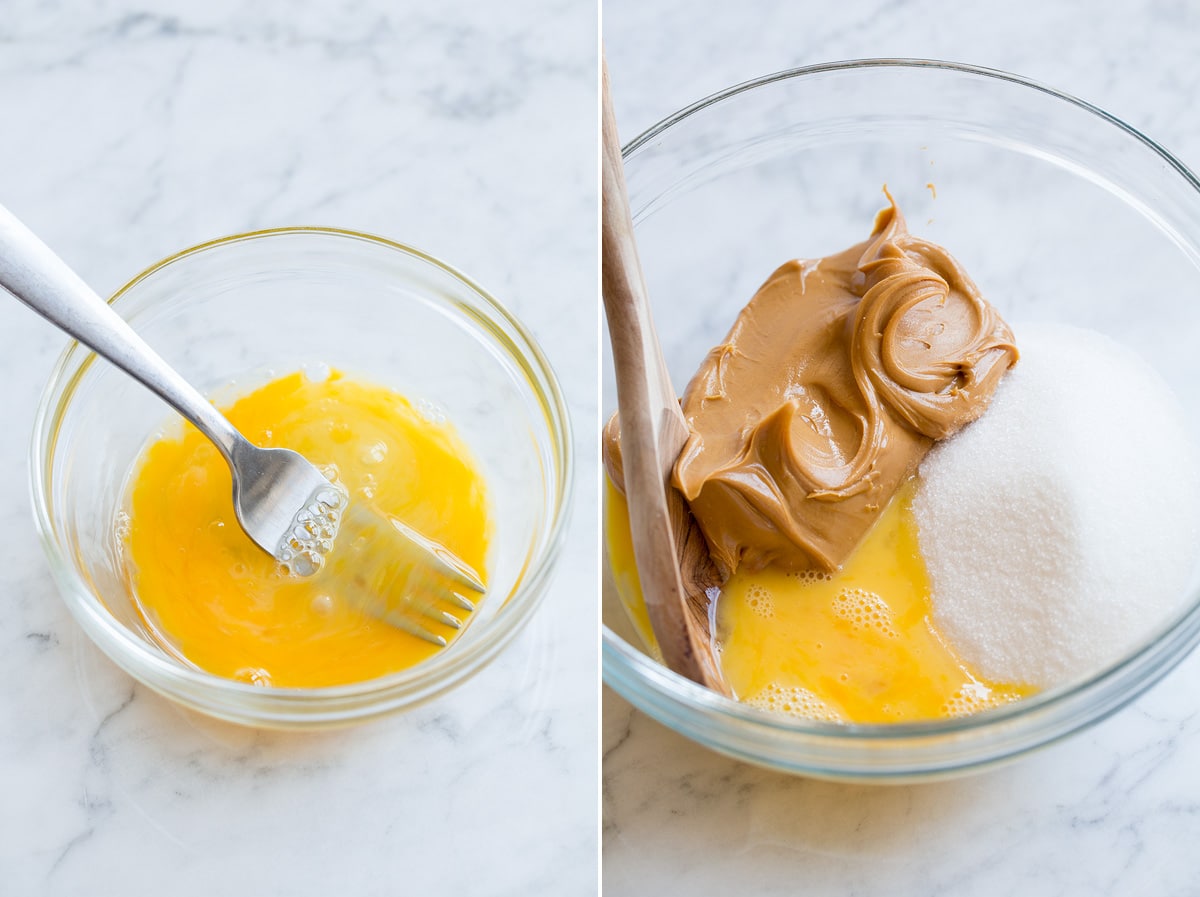 Image showing steps 1 and 2 of making 3-ingredient peanut butter cookies including whisking egg and adding peanut butter, sugar and egg to a glass bowl.