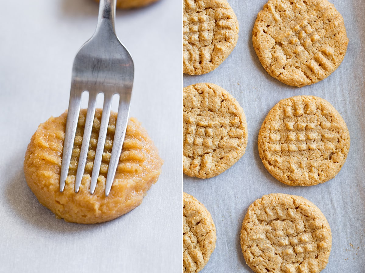 Image showing steps 5 and 6 to making 3 ingredient peanut butter cookies. Showing pressing cookie dough with a fork then finished cookies on bakign sheet.