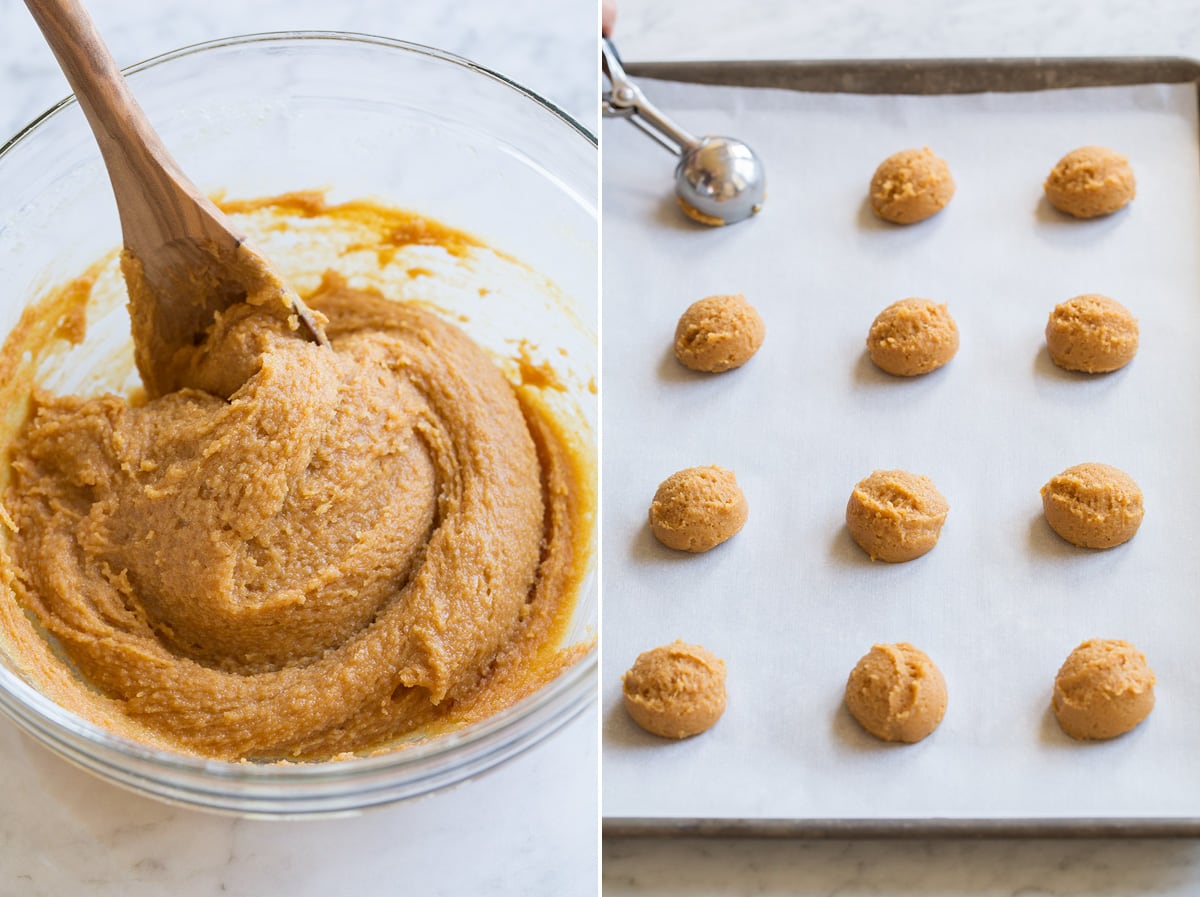 Image showing steps 3 and 4 to make 3 ingredient peanut butter cookies including finished mixed dough in glass bowl and scooping dough into rounds on baking sheet.