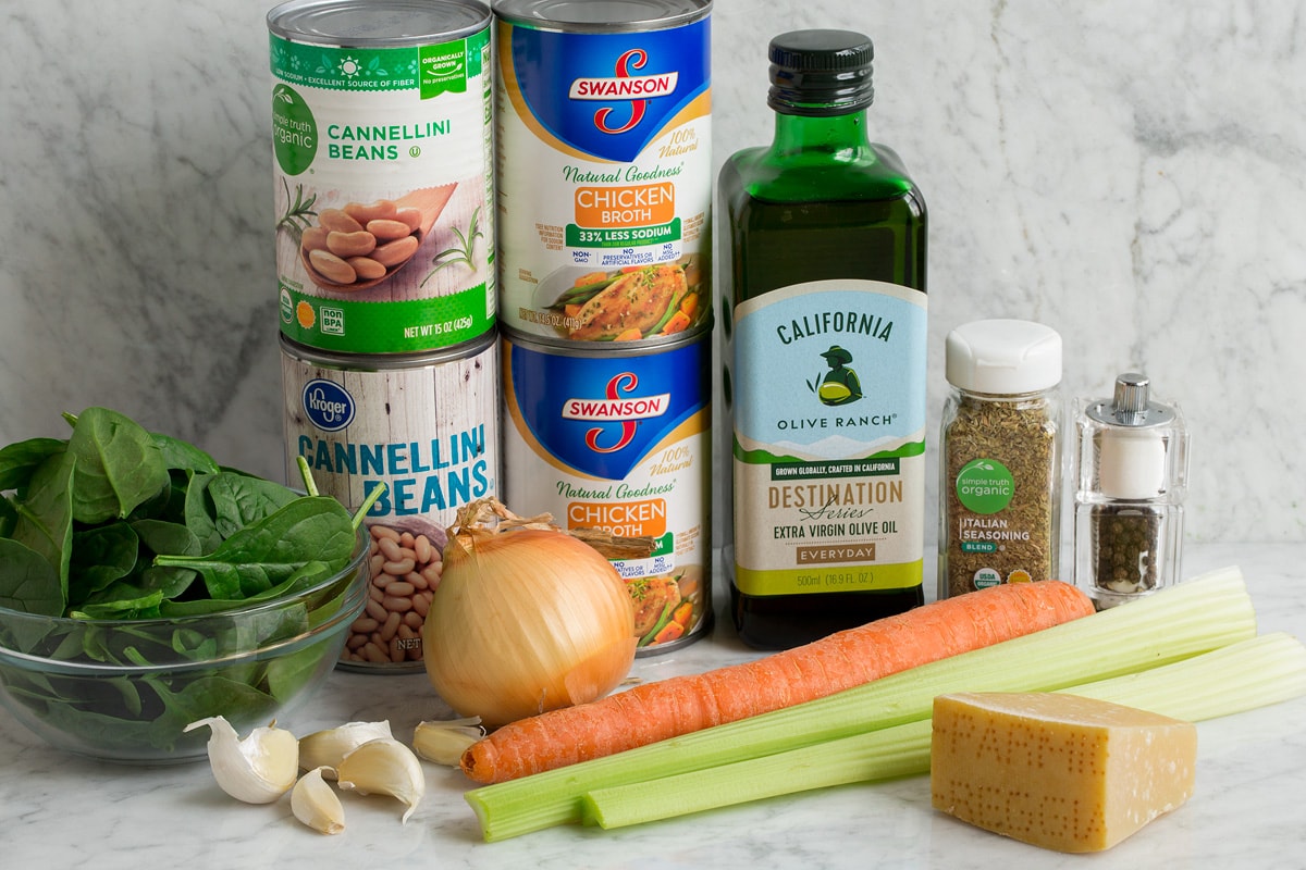 Ingredients shown that go into preparing bean soup.