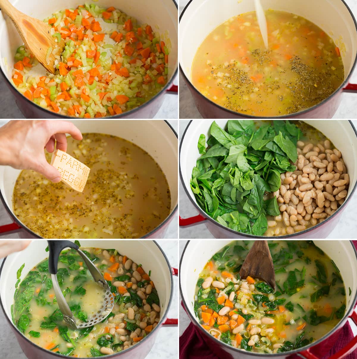 Collage image of steps showing how to make bean soup in a large pot.