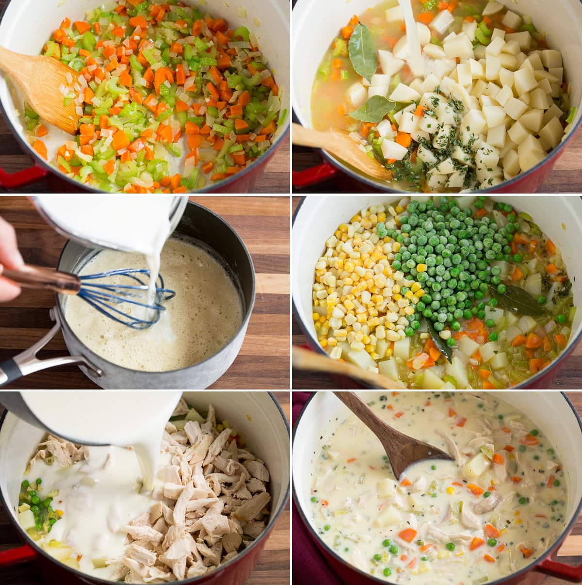 Image showing steps to making chicken pot pie soup in a pot as well as making a white sauce in a saucepan to add to soup. 
