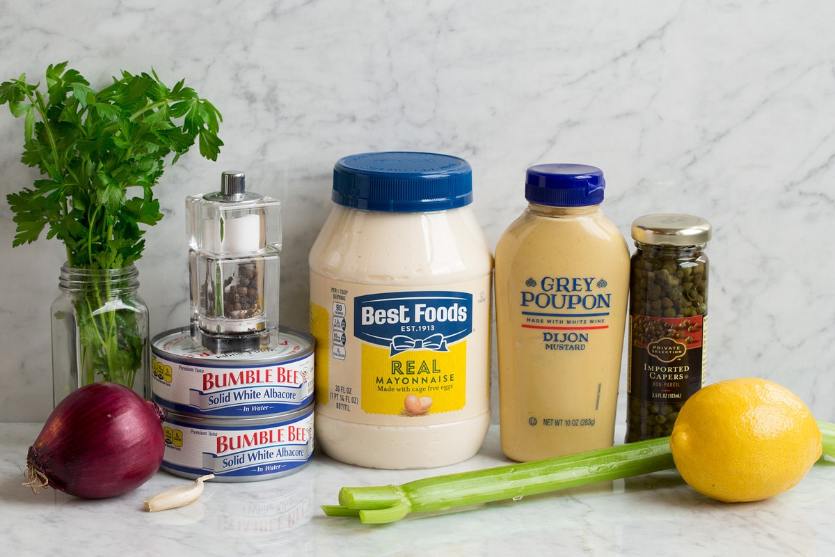 Ingredients used to make tuna salad.