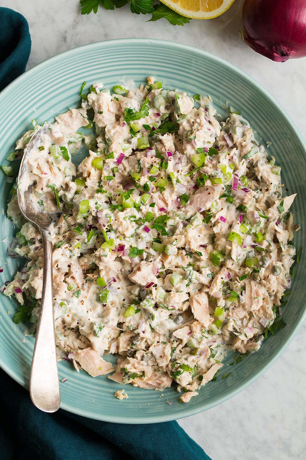 Tuna salad shown close up to show mix-in ingredients and texture.