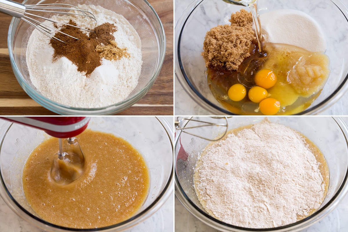 Best Ever Carrot Cake Four steps of preparing cake batter shown here. First showing to whisk flour and spices, second adding wet ingredients and sugar to a mixing bowl. Third blending, and fourth adding flour mixture to batter.