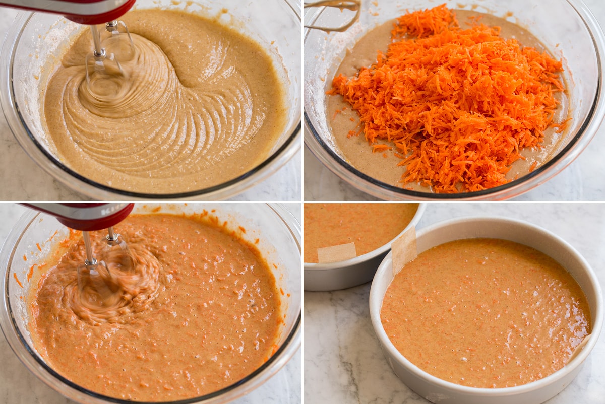 Next four steps of preparing cake batter shown. Including blended batter after adding flour mixture. Adding finely shredded carrots. Mixing. And batter in two round cake pans.