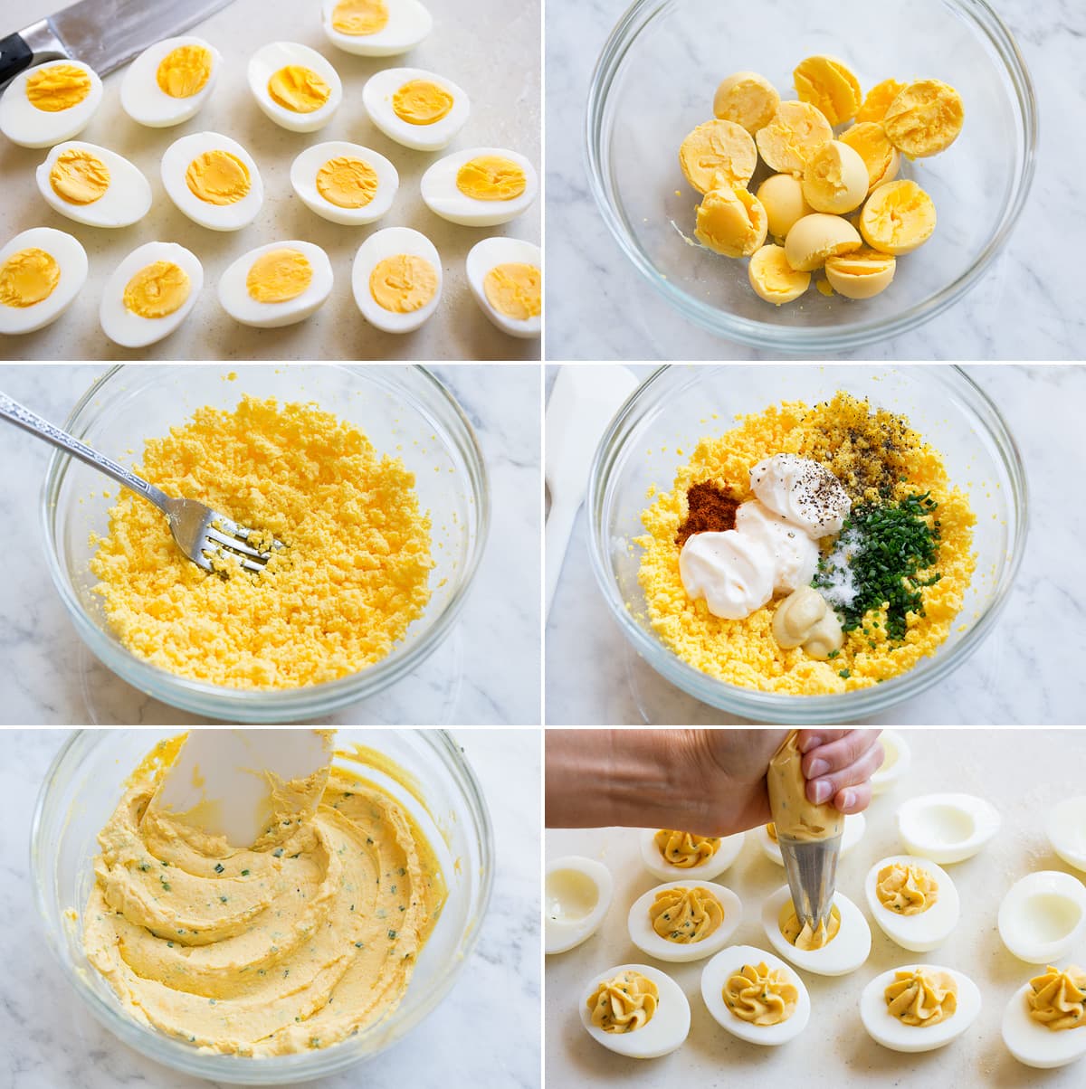 Image showing six steps of preparing deviled eggs including halving boiled eggs, removing yolks into a bowl, mashing yolks, adding mayonnaise and seasonings, mixing to combined then piping filling into egg whites.
