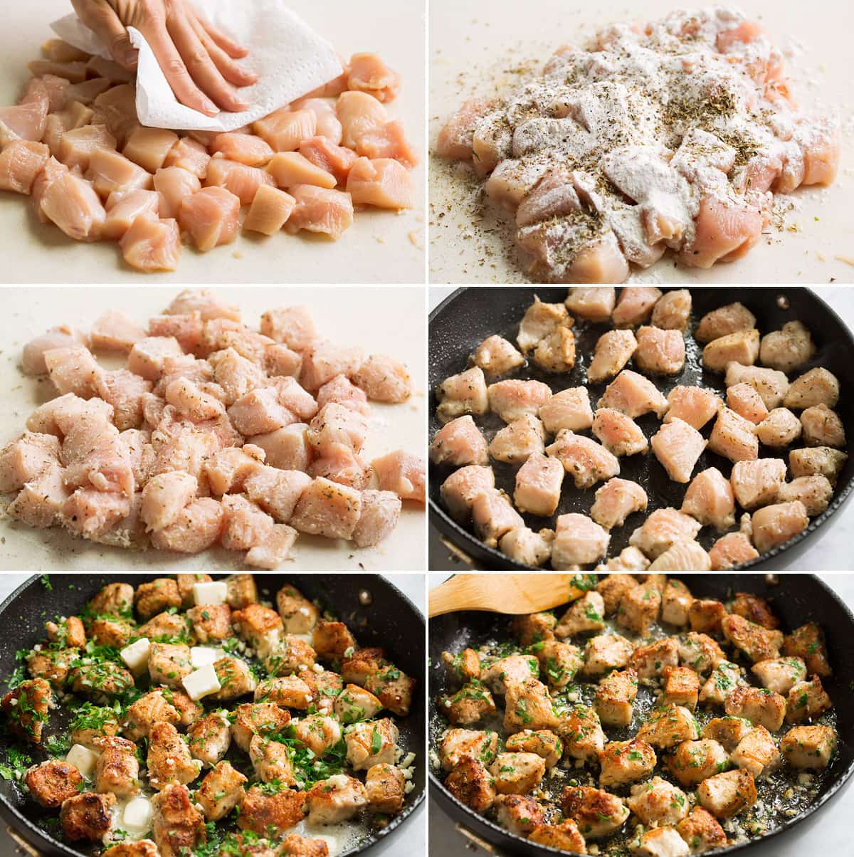 Collage image of 6 steps showing how to prepare and cook garlic butter chicken bites.